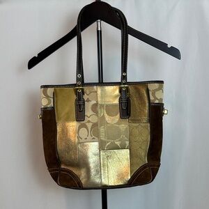 Coach Metallic Patchwork Tote in Gold and Brown Accents